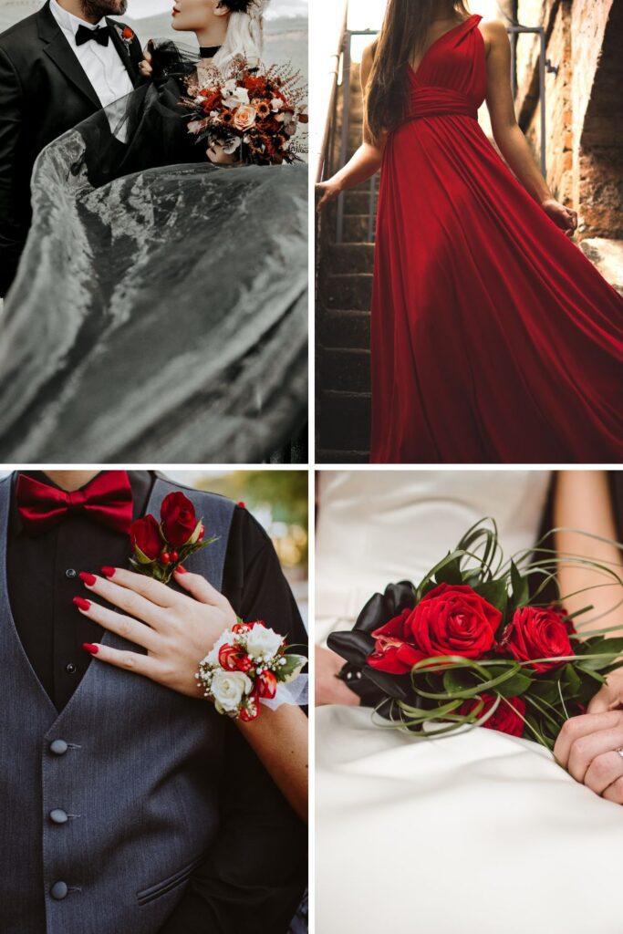 A bride with a red rose bouquet wrapped in black ribbon.