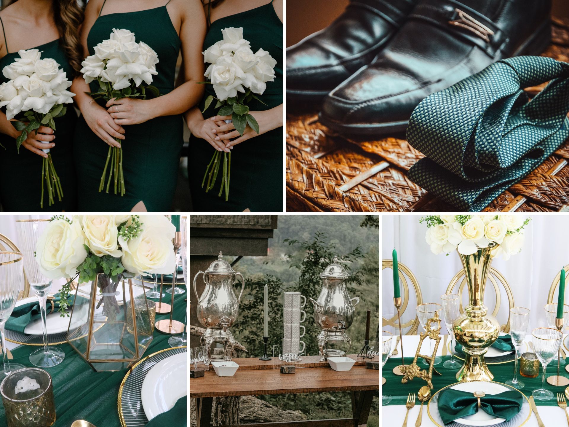 A photo collage with green and gold wedding color ideas.