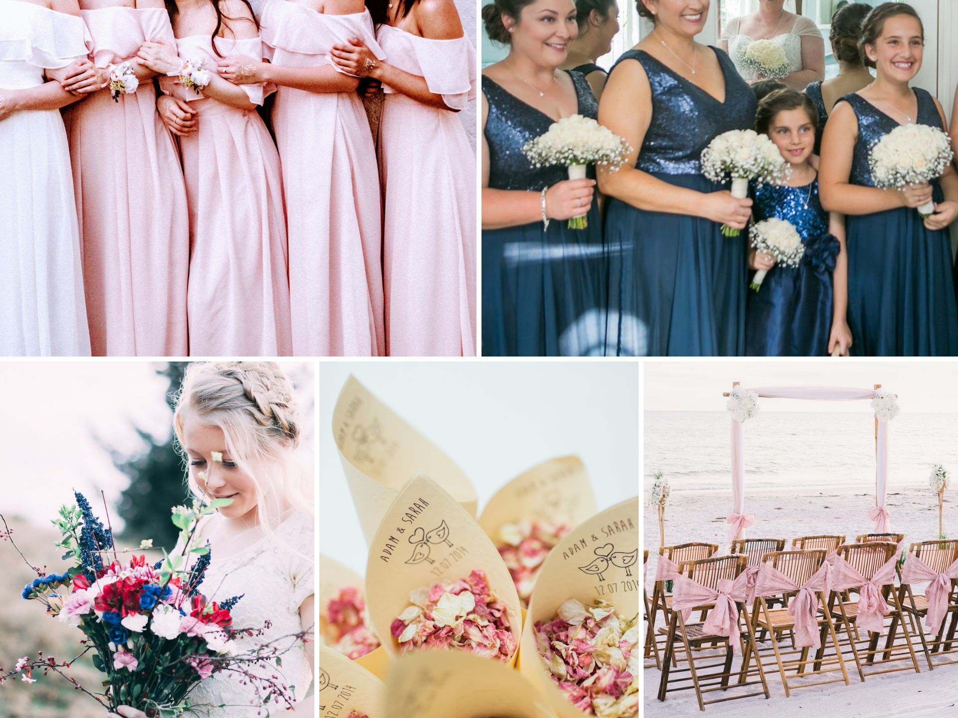 A photo collage with pink and navy blue wedding color ideas.
