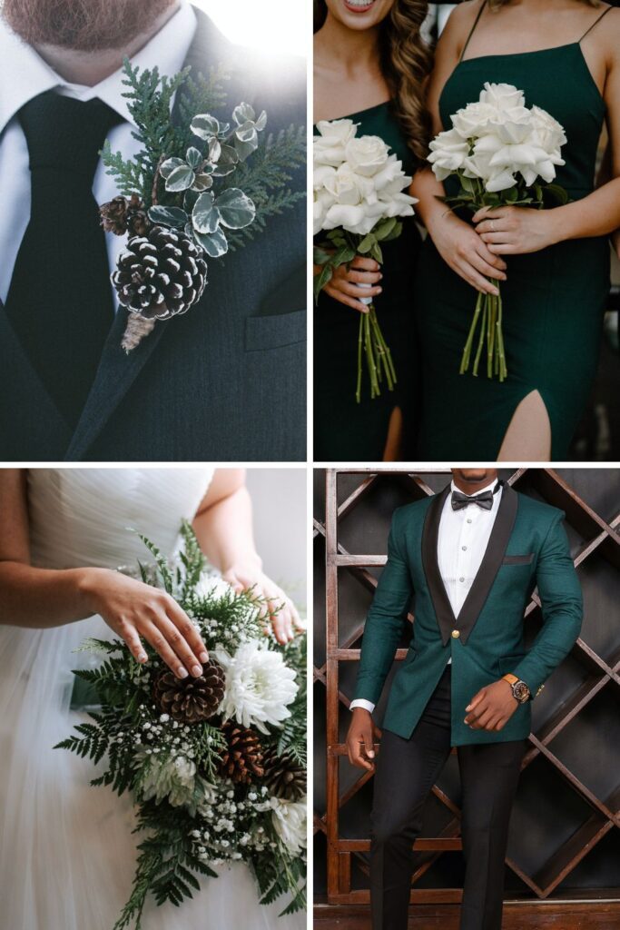 A groomsmen with a pinecone boutonniere and a bridesmaid in a green dress.