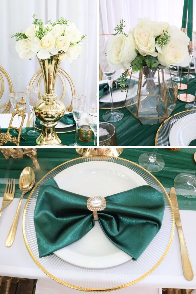 A table with dark green cloth and gold utensils.