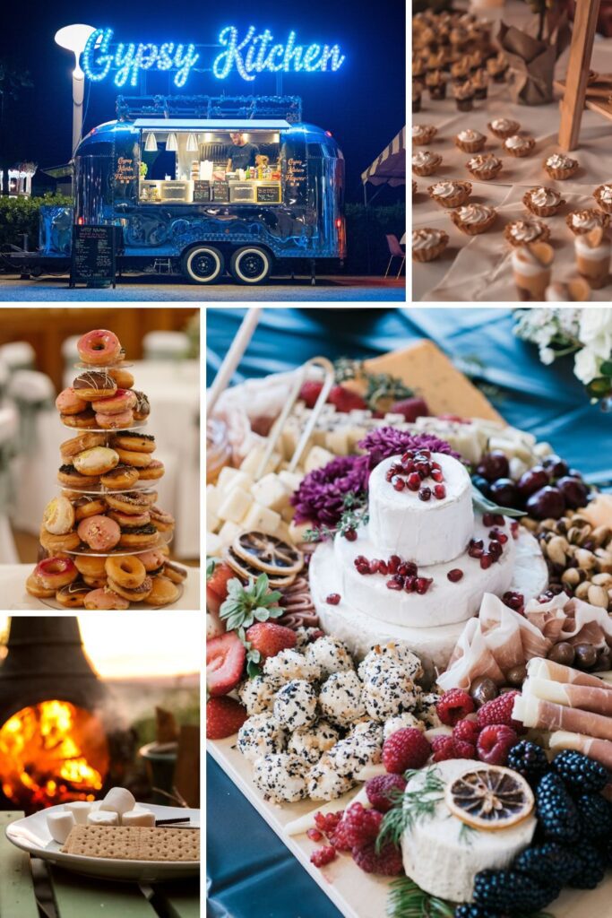 Wedding ideas like food truck, smores bar, and taco bar.