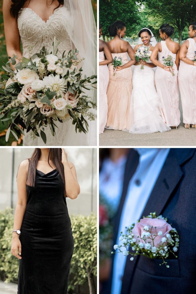 Bridesmaids wearing light pink and black dresses.