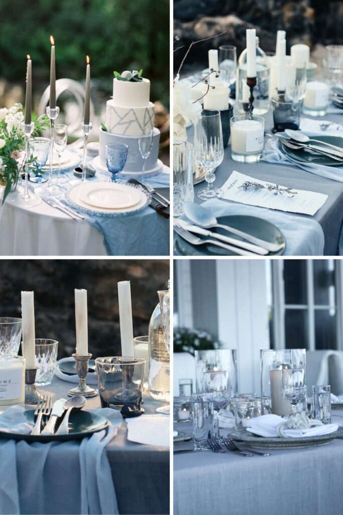 A dusty blue wedding table with grey plates and silverware. 