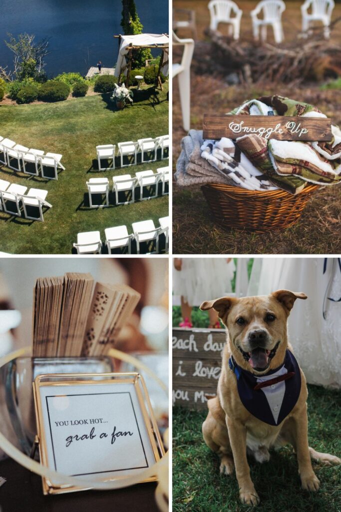 Wedding ideas like circle seating, blankets, and fans.