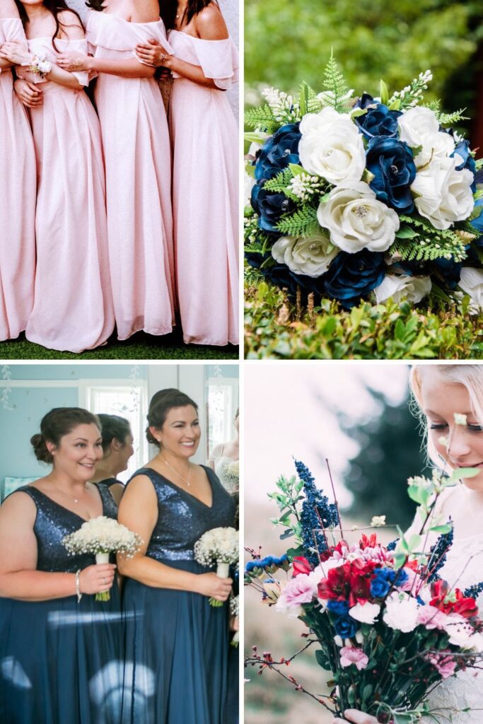 Bridesmaids wearing light pink and navy blue dresses.