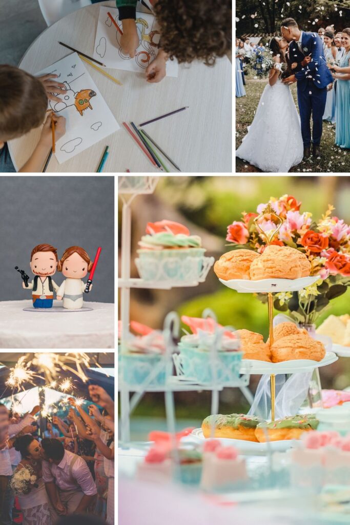 Wedding ideas like kids table, sparkler send off, and dessert table.