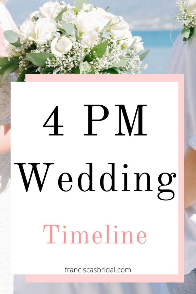 A bride carrying a white and sage green bouquet with text over the photo that says a 4pm wedding day itinerary.