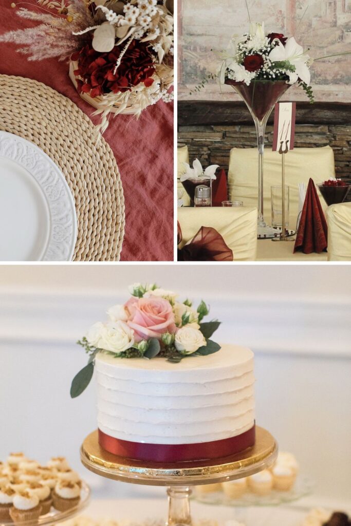 A maroon table with a white wedding cake and maroon colored roses.