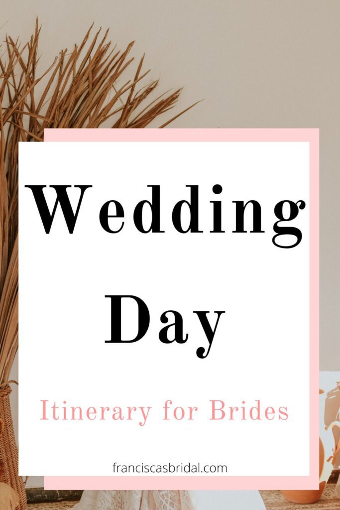 A bride holding a maroon flower bouquet with text over the photo that says wedding itinerary for brides.