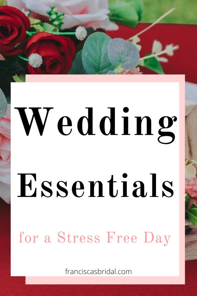 Pink and red wedding bouquet with text over the photo that says wedding day essentials.