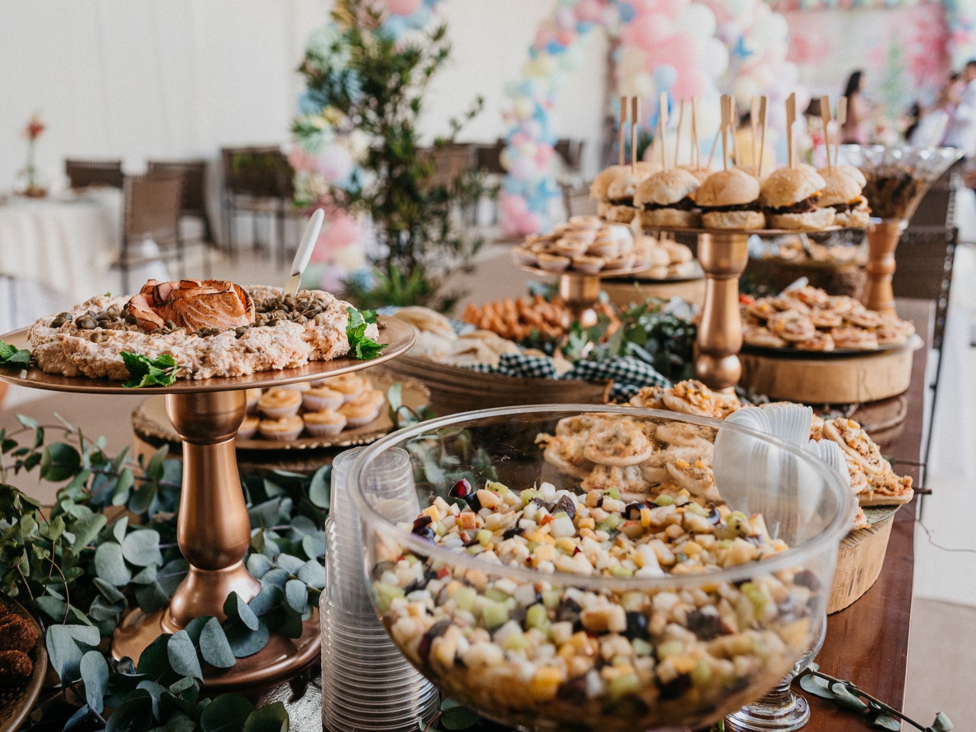 A table filled with wedding foods.