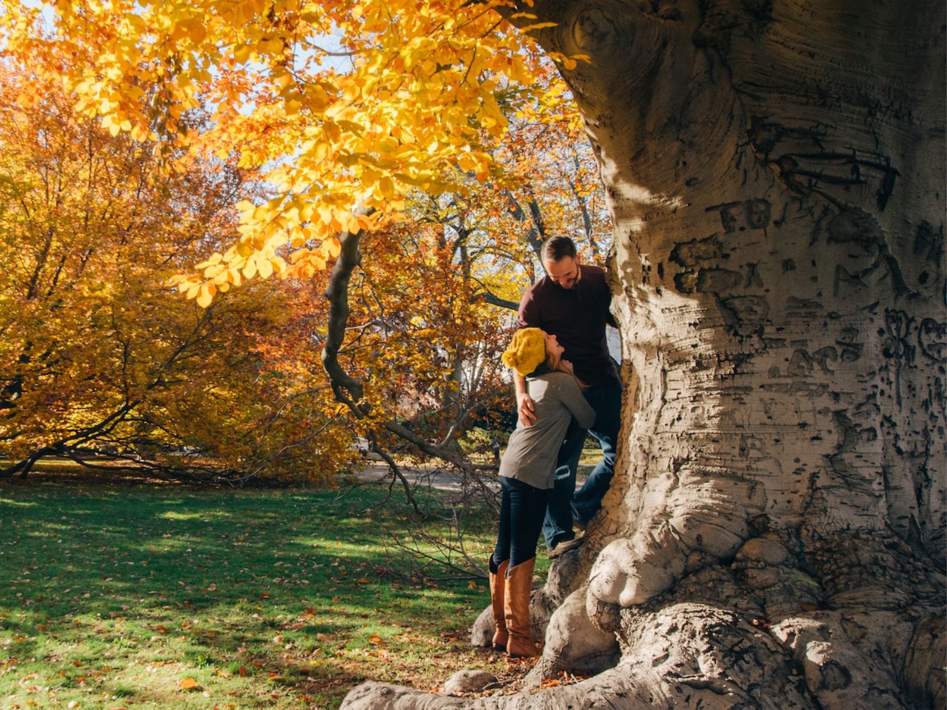 A couple kissing under a tree.