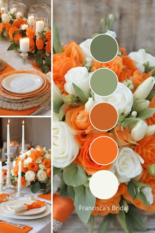 A photo collage with tangerine orange and ivory wedding color ideas.