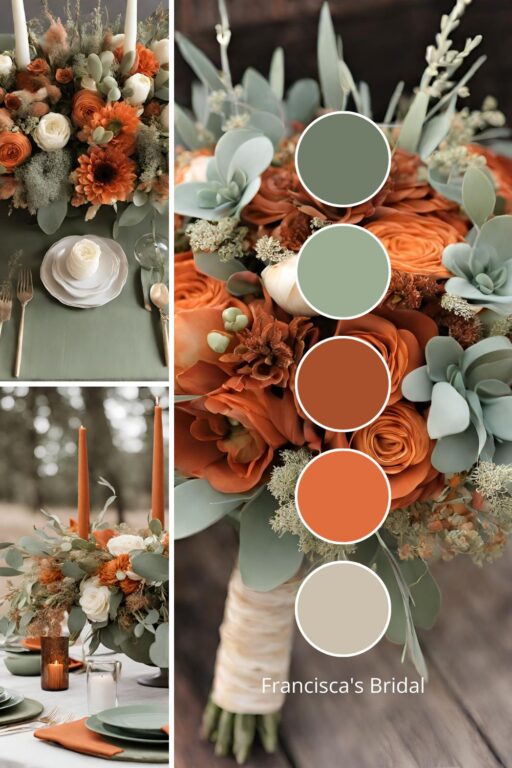 A photo collage with burnt orange and sage green wedding color ideas.