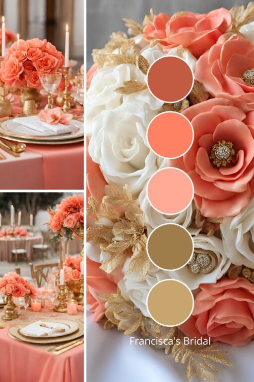 A photo collage with coral and gold wedding color ideas.