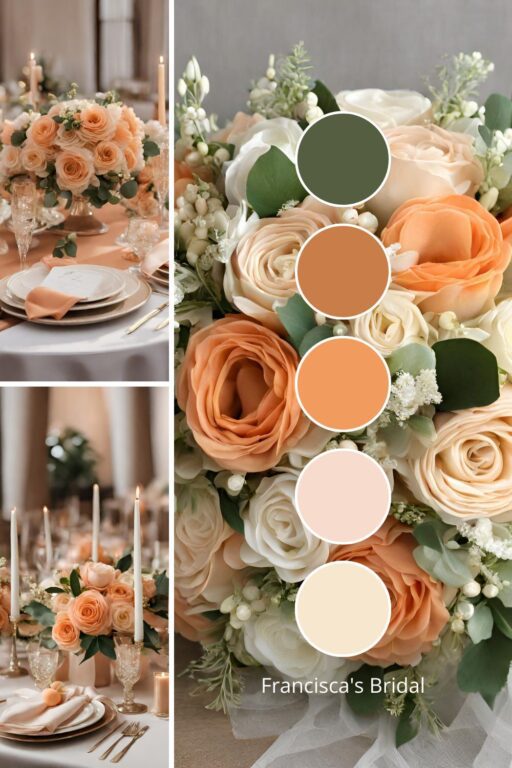 A photo collage with apricot and champagne wedding color ideas.