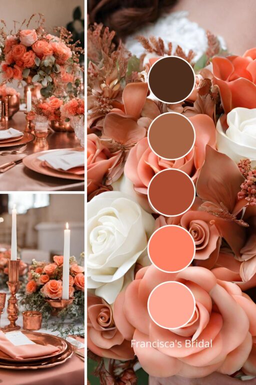 A photo collage with coral and copper wedding color ideas.