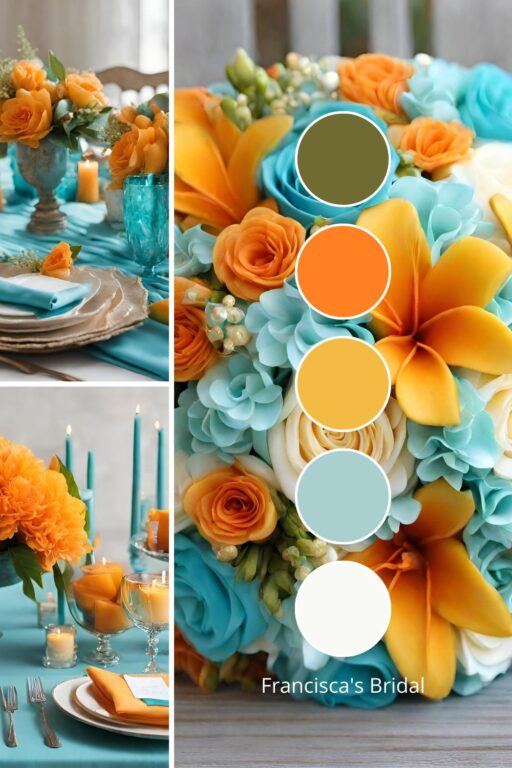 A photo collage with mango and aqua blue wedding color ideas.