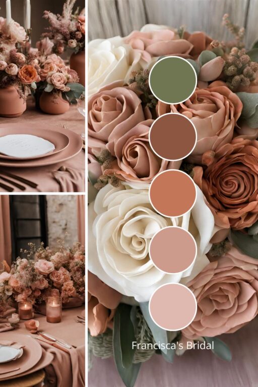 A photo collage with terracotta and dusty pink wedding color ideas.