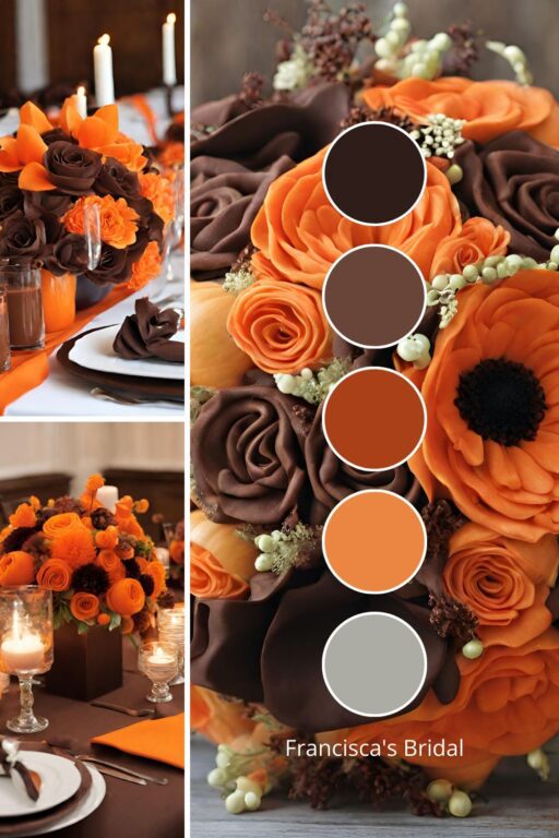 A photo collage with pumpkin orange and chocolate brown wedding color ideas.
