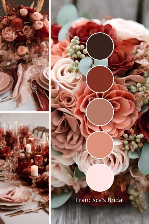 A photo collage with cinnamon red and dusty rose wedding color ideas.