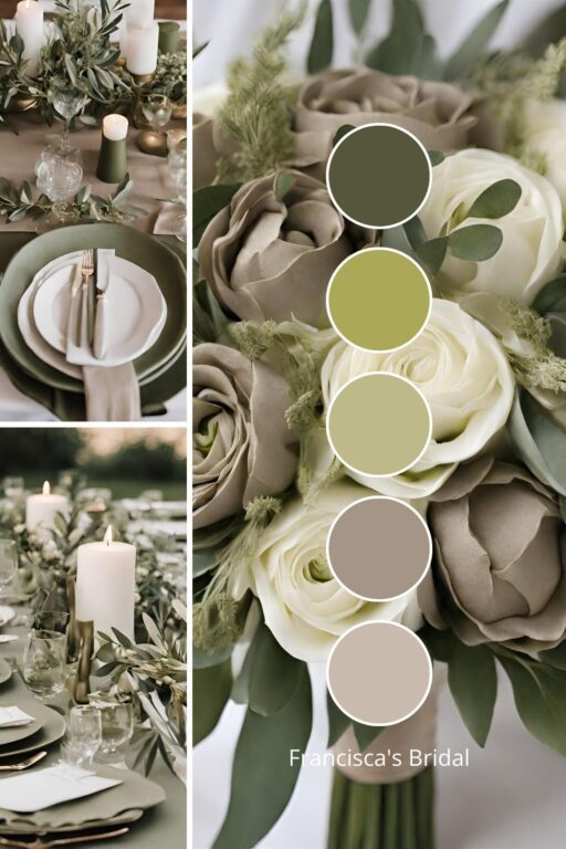 A photo collage with olive and taupe wedding color ideas.