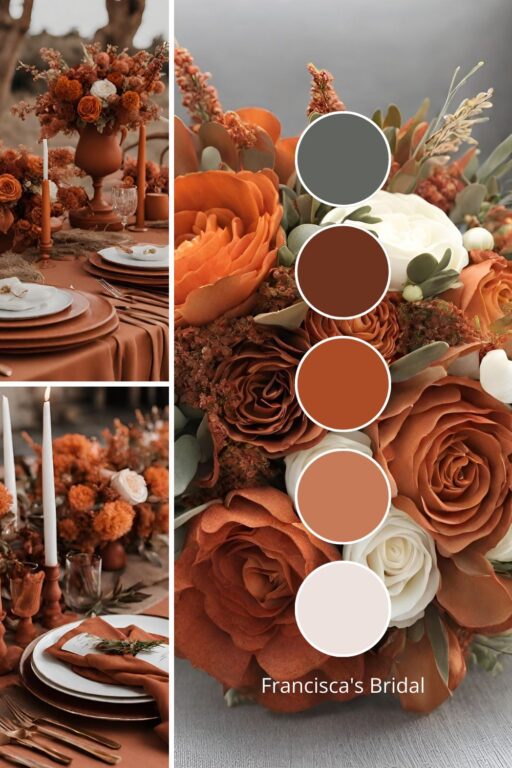 A photo collage with rust orange and terracotta wedding color ideas.