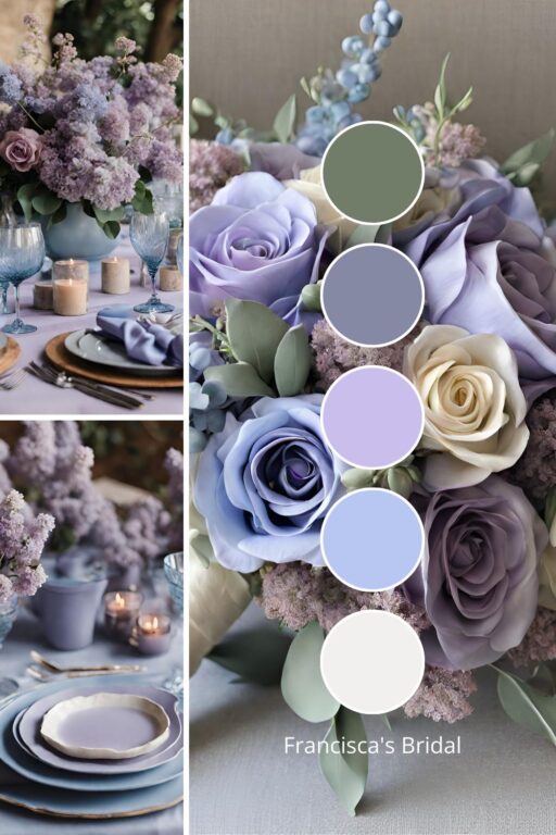 A photo collage with lilac and dusty blue wedding color ideas.
