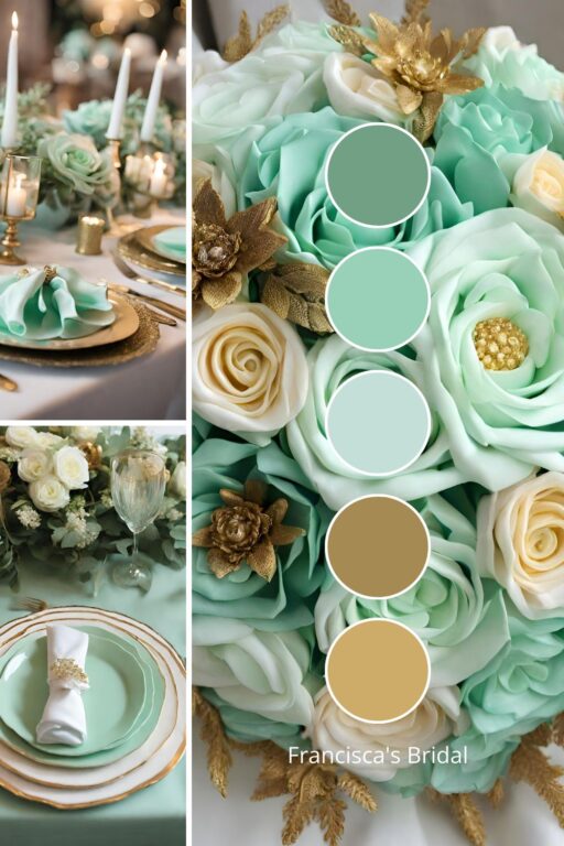 A photo collage with mint green and gold wedding color ideas.