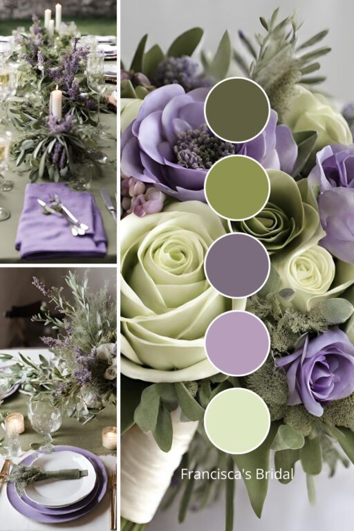 A photo collage with lilac and sage green wedding color ideas.