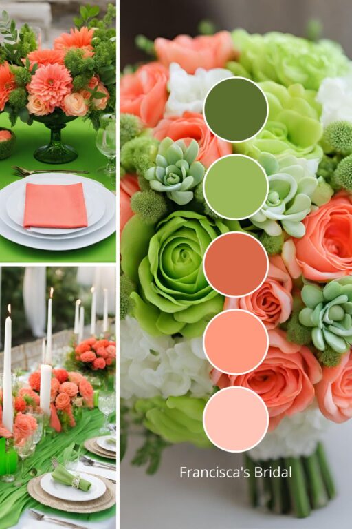 A photo collage with kiwi green and coral wedding color ideas.