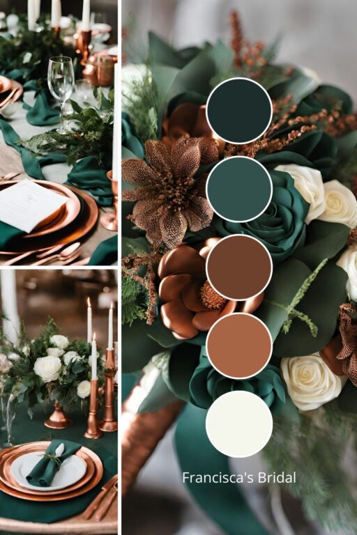 A photo collage with hunter green and copper wedding color ideas.