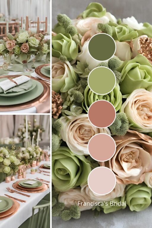A photo collage with pistachio green and rose gold wedding color ideas.