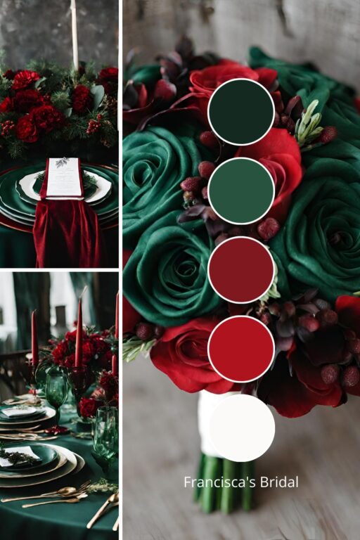 A photo collage with emerald green and red wedding color ideas.