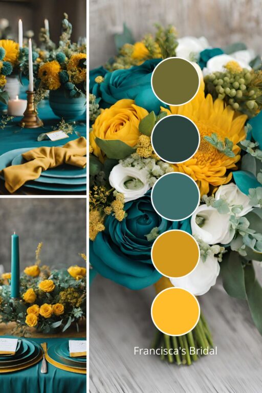 A photo collage with teal green and mustard yellow wedding color ideas.