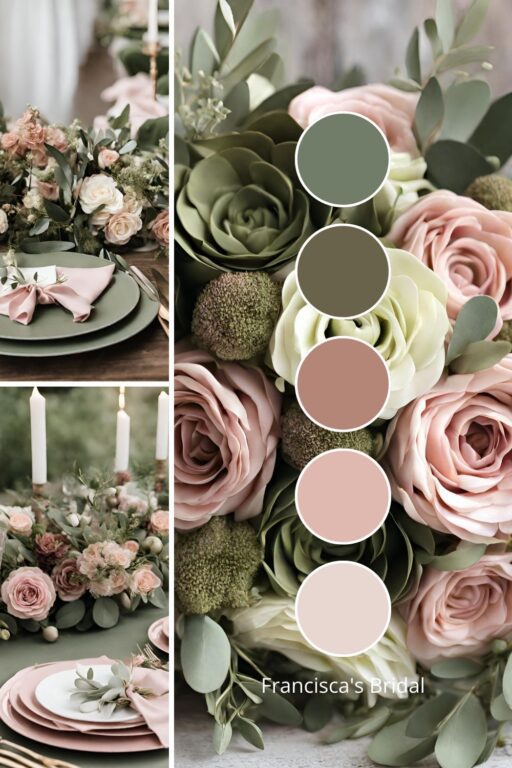A photo collage with olive green and dusty rose wedding color ideas.