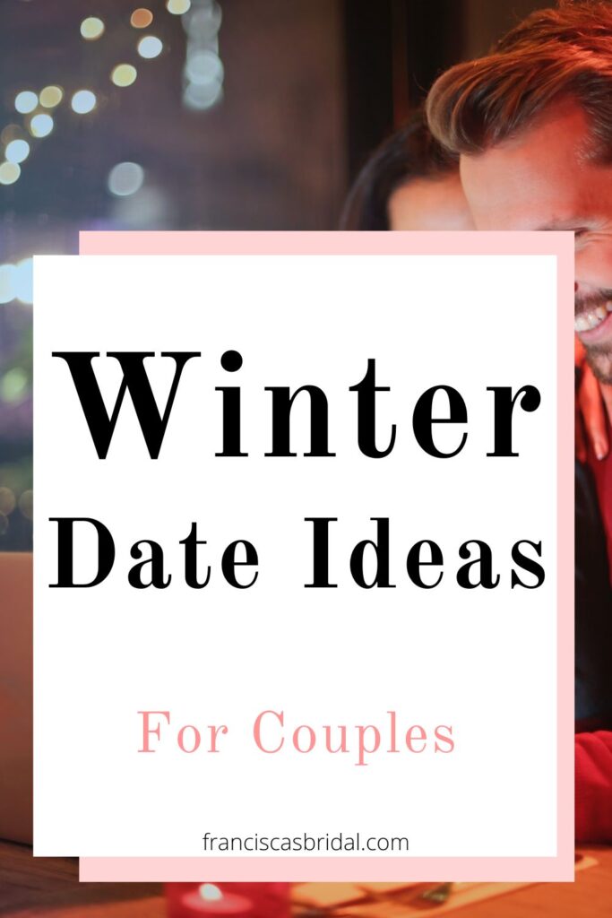 A wife and husband at a coffee shop with text over the photo that says fun Christmas date ideas for couples.