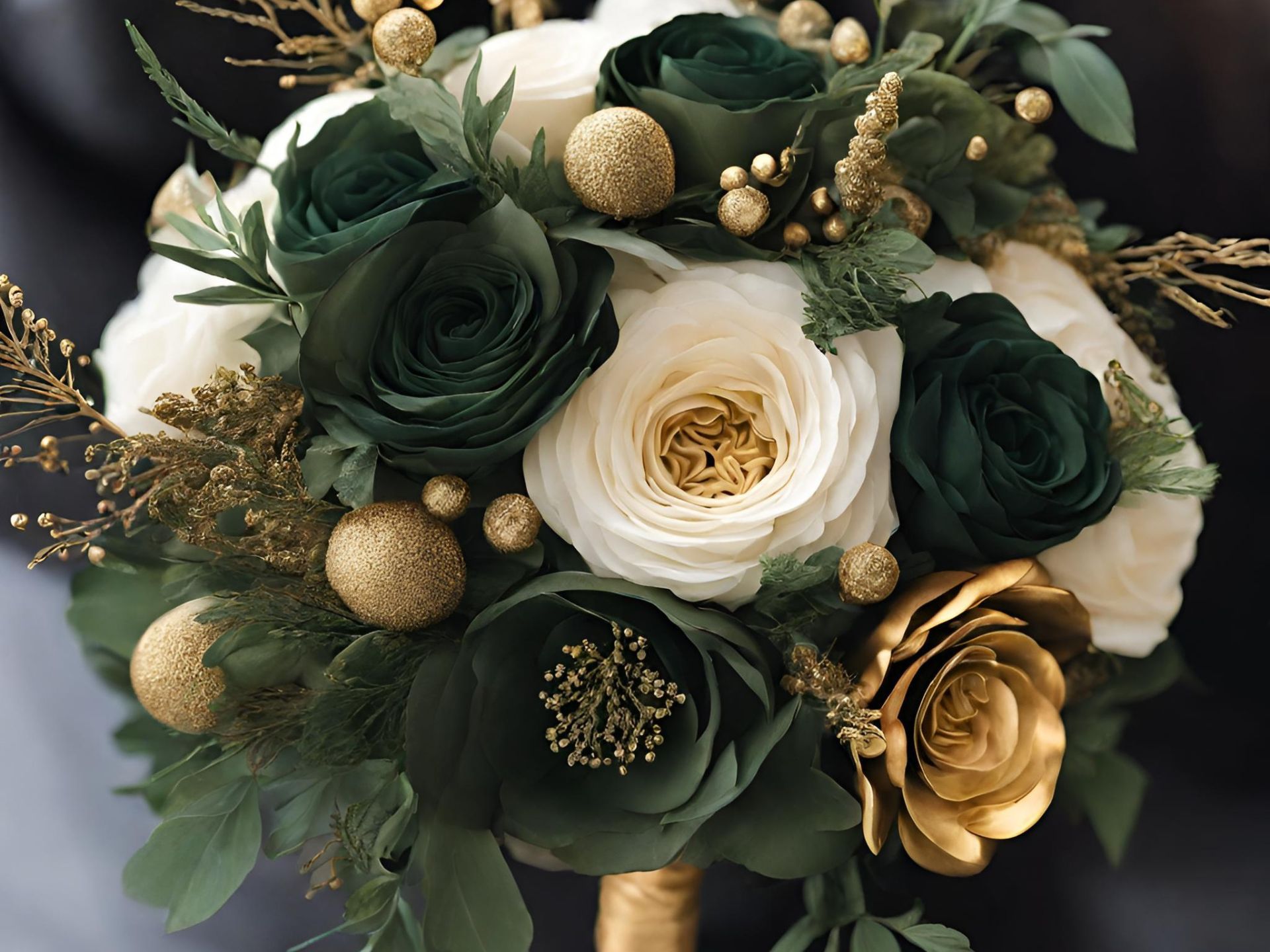 Green and gold wedding bouquet.