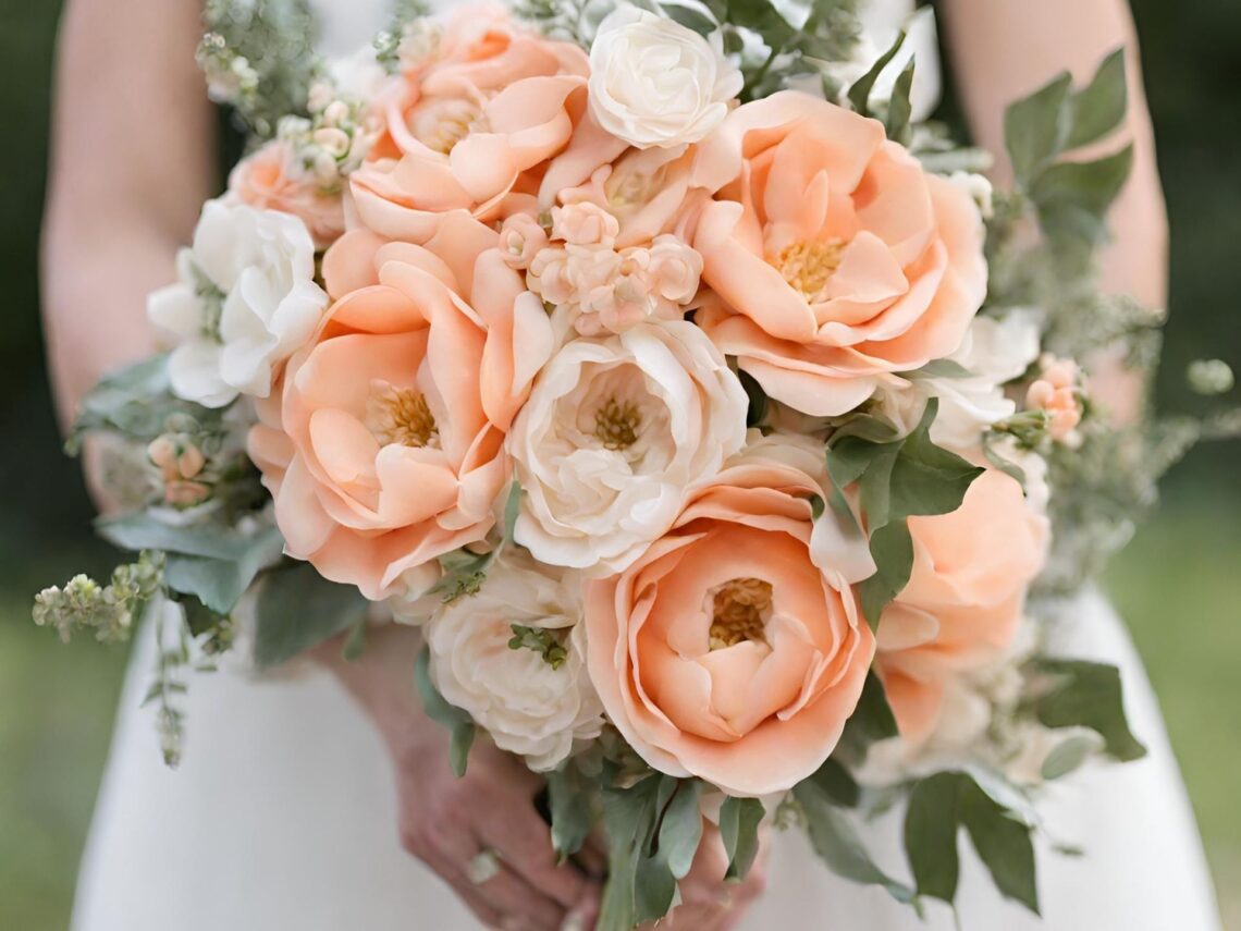 A peach wedding bouquet.