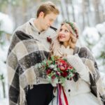 A bride and groom in the snow.