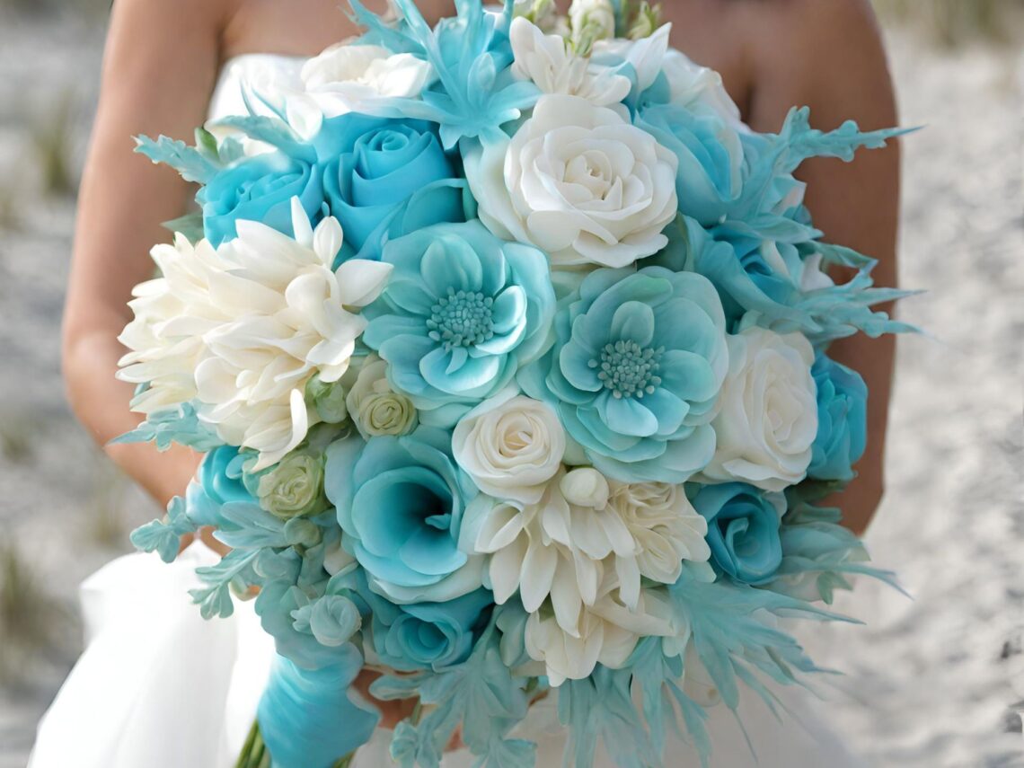 A blue and white wedding bouquet.