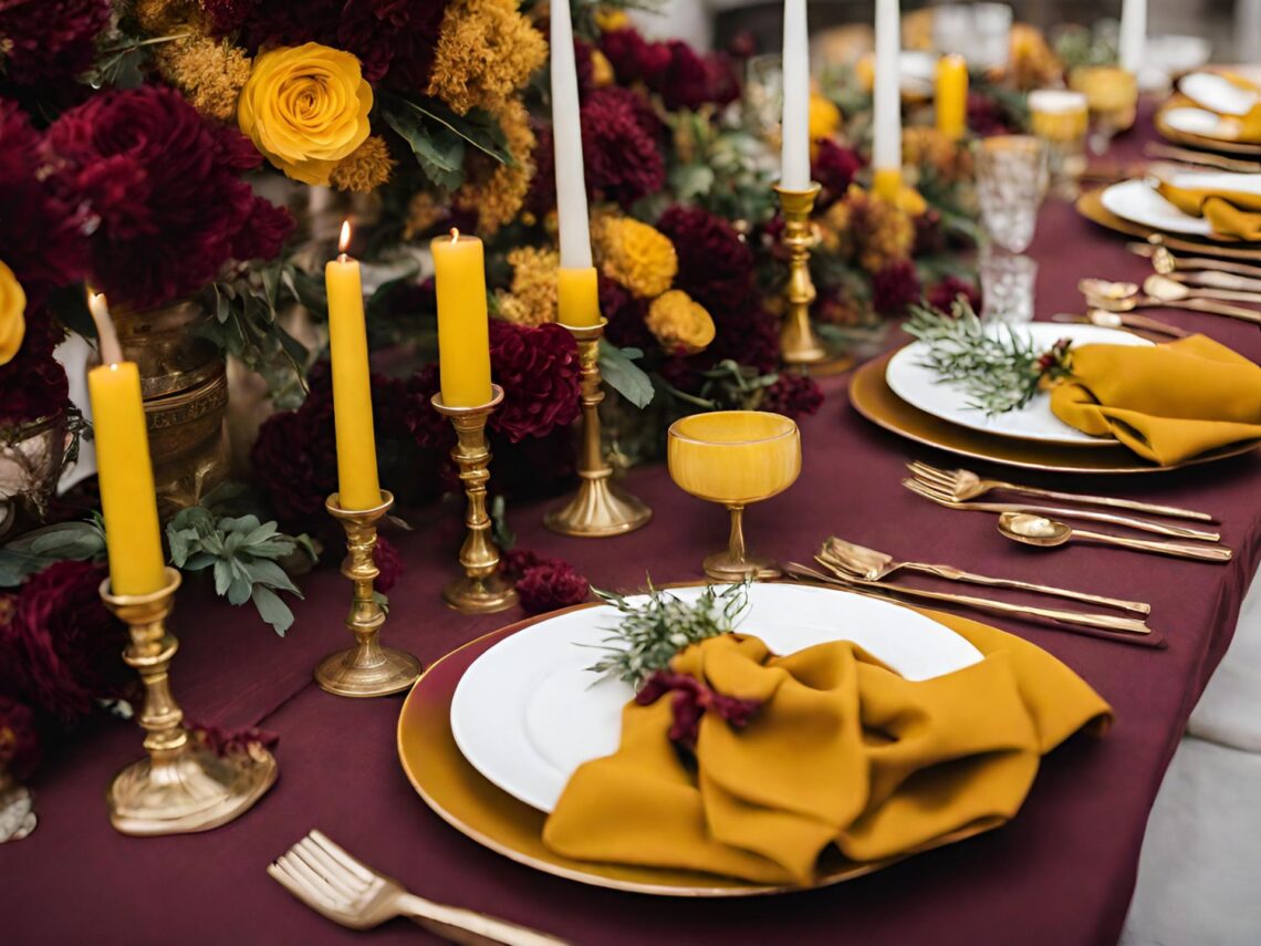 A burgundy and yellow wedding table.