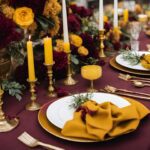 A burgundy and yellow wedding table.