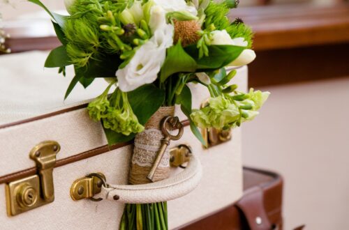A white and green wedding bouquet.