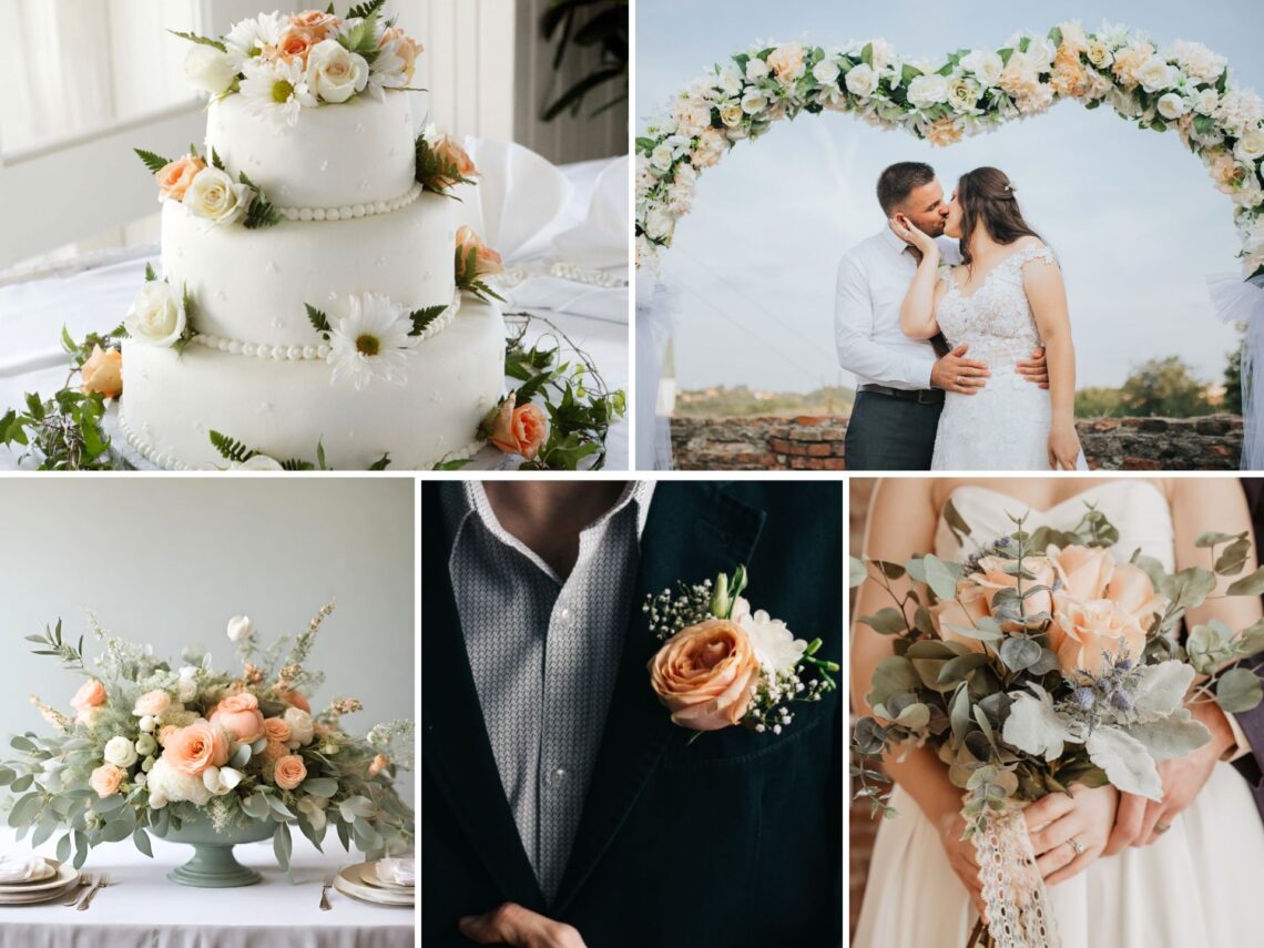 A peach and sage green themed wedding.