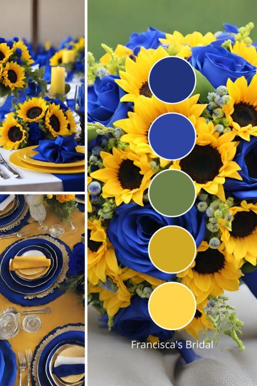 A photo collage with sunflower yellow and royal blue wedding color ideas.