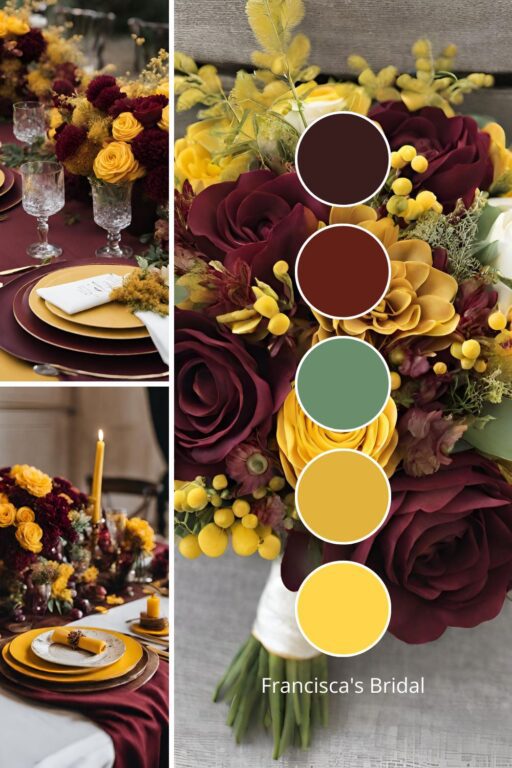 A photo collage with mustard yellow and burgundy wedding color ideas.