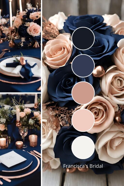 A photo collage with midnight blue and rose gold wedding color ideas.