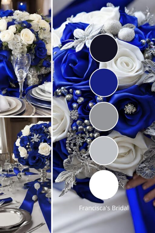 A photo collage with royal blue and silver wedding color ideas.